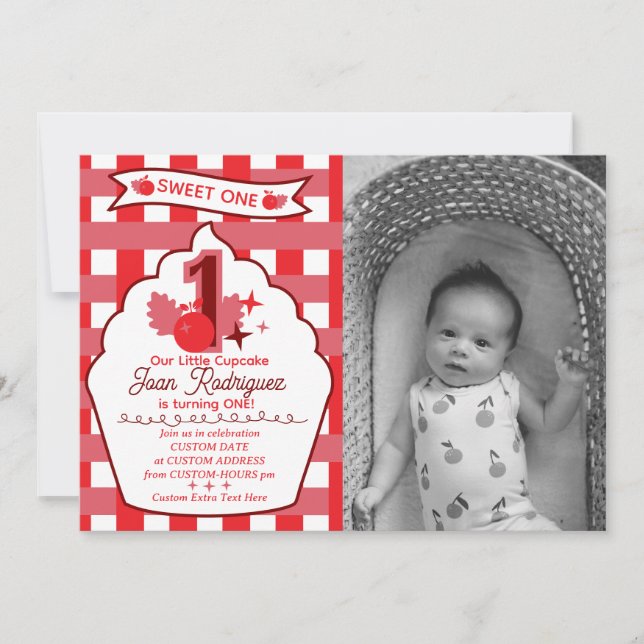 Sweet One First Birthday Gingham Photo Invitations (Front)