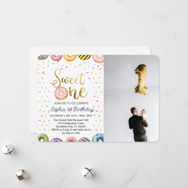  Sweet One First Birthday Invitation, Doughnut 1st Holiday Card (Front/Back In Situ)