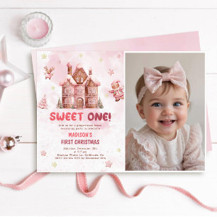 Sweet One First Birthday Pink Gingerbread Photo Invitation
