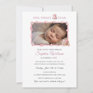 Sweet One Girl 1st Birthday Invitation with Photo