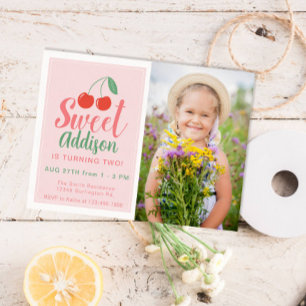 Sweet One Girl Birthday Cherry Summer Photo Invitation