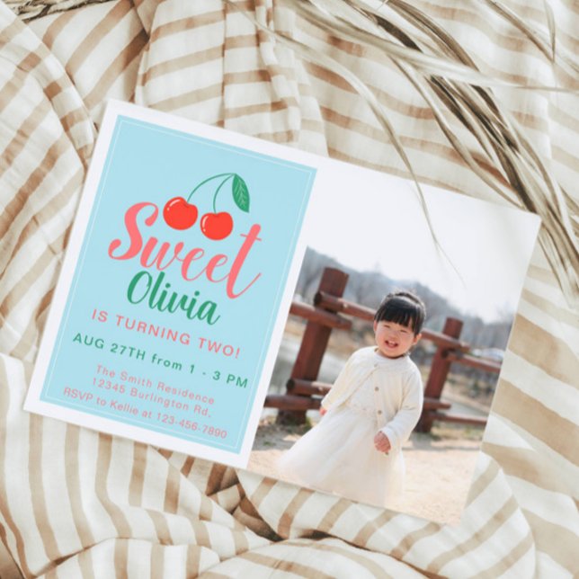 Sweet One Girl Birthday Cherry Summer Photo Invitation (Creator Uploaded)
