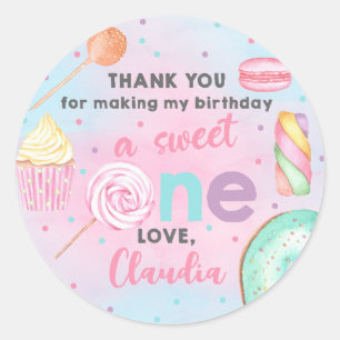 Sweet One girl birthday thank you circle sticker. Classic Round Sticker