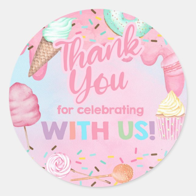 Sweet One girl birthday thank you circle sticker. Classic Round Sticker (Front)