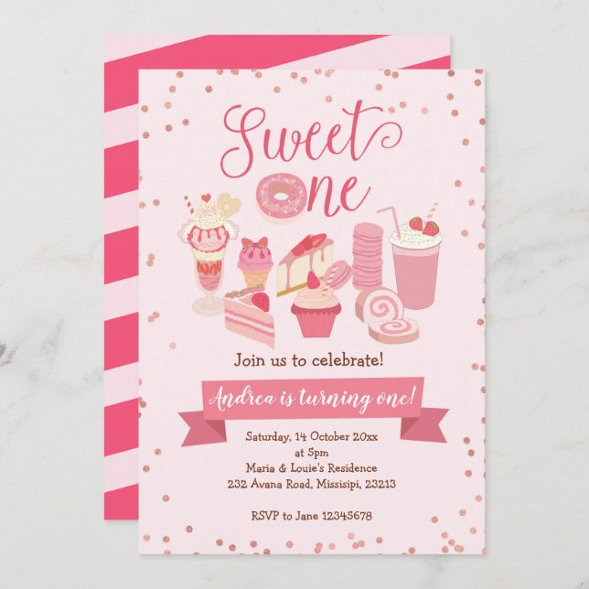 Sweet One Girl Doughnut themed Birthday Invitation (Front/Back)