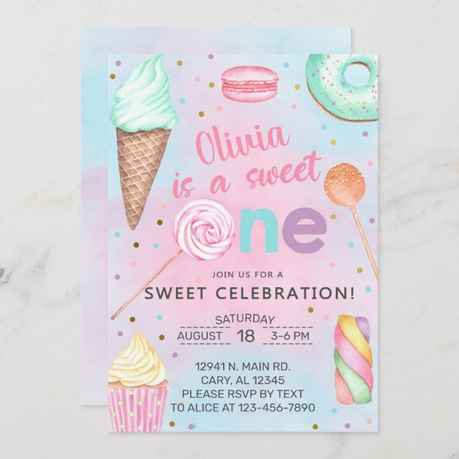 Sweet One girl first, 1st birthday invitation. Inv Invitation (Front/Back)