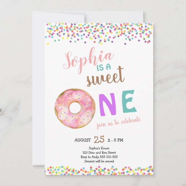 Sweet One Girl First Birthday Doughnut Cute Invitation (Front)
