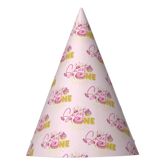 Sweet One Girl's 1st Birthday Pink Desserts Doughn Party Hat (Front)