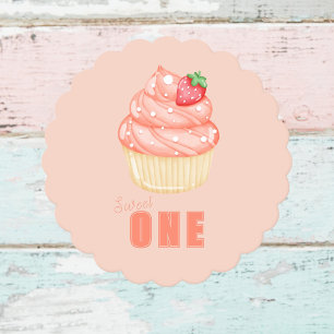 Sweet ONE, girls pink first birthday scalloped Paper Coaster