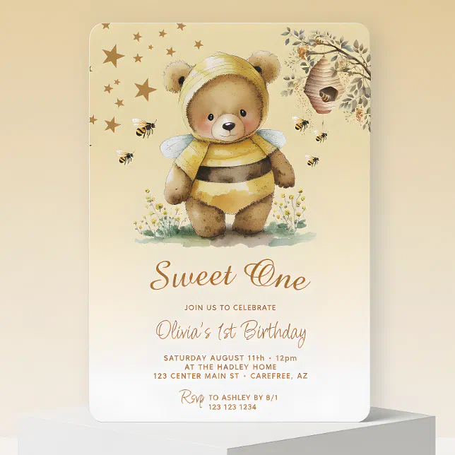 Sweet One Honey Bear Girl 1st Birthday Invitation | Zazzle