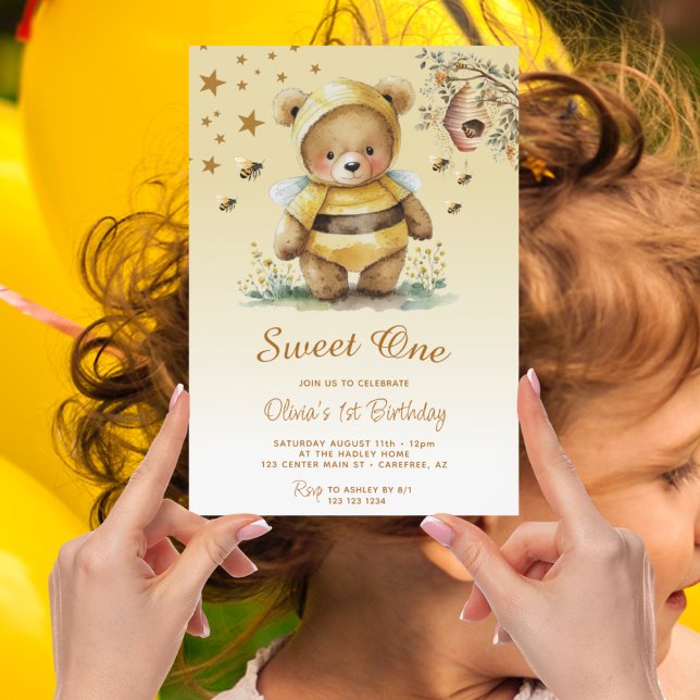 Sweet One Honey Bear Girl 1st Birthday Invitation (Creator Uploaded)
