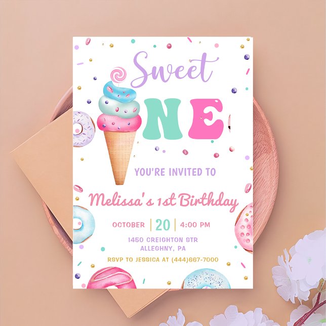Sweet One Ice Cream Doughnut 1st Birthday Invitation (Creator Uploaded)