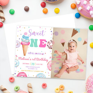 Sweet One Ice Cream Doughnut 1st Birthday Photo Invitation