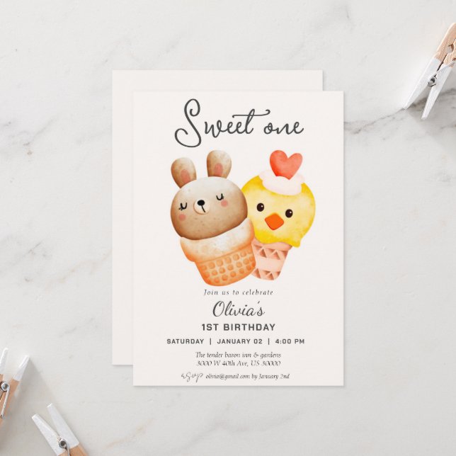 Sweet one ice cream first birthday  invitation (Front/Back In Situ)