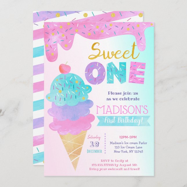 Sweet One Ice Cream First Birthday Invitations (Front/Back)