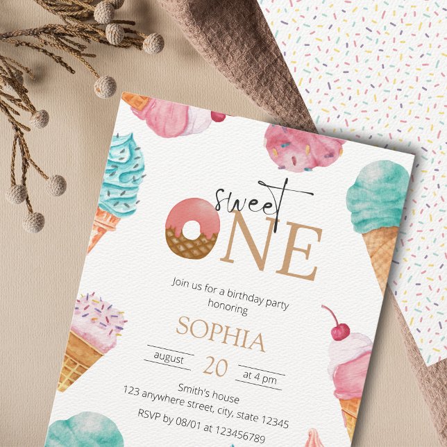 Sweet One Ice Cream First Birthday Party Girl Invitation (Creator Uploaded)