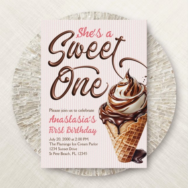 Sweet One Ice Cream Girls 1st Birthday Invitation (Creator Uploaded)