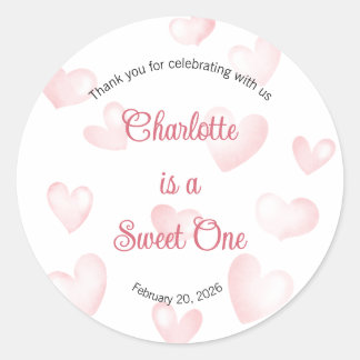 Sweet One Labels, Sweetheart One Party, Heart Classic Round Sticker