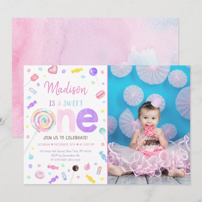 Sweet One Lollipop Candy First Birthday Invitation (Front/Back)