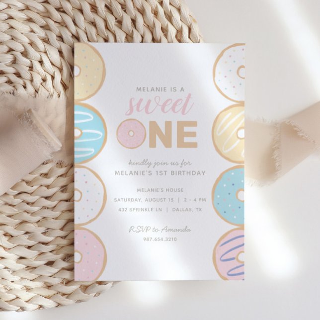 Sweet One Pastel Doughnut First Birthday Party Inv Invitation (Creator Uploaded)