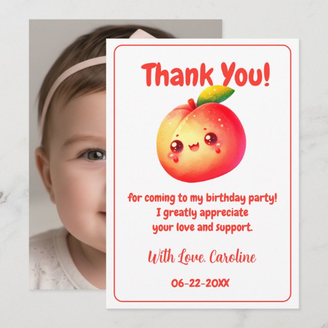 Sweet One Peach Birthday Thank You Card (Front/Back)