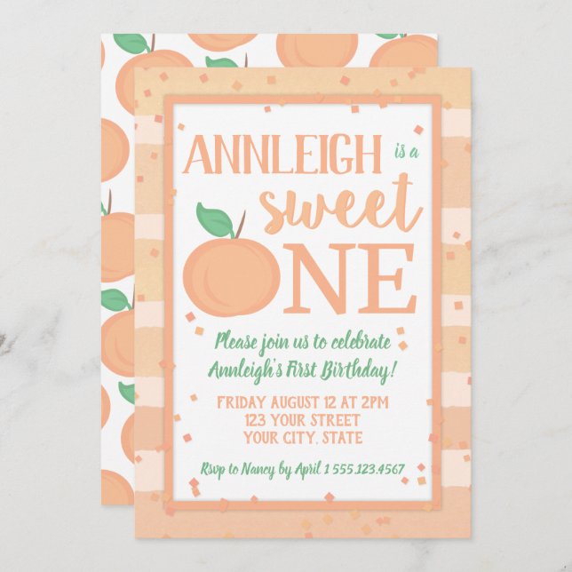 Sweet One Peach Theme Girls First Birthday Invitation (Front/Back)
