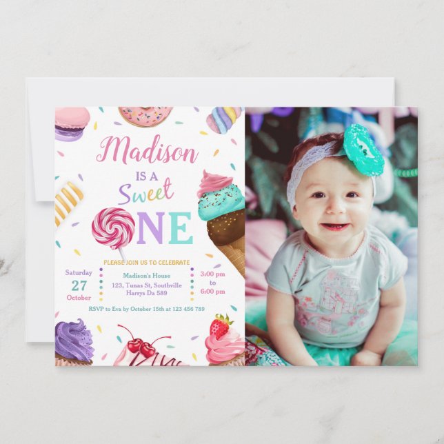 Sweet One Photo Birthday Party Invitation (Front)