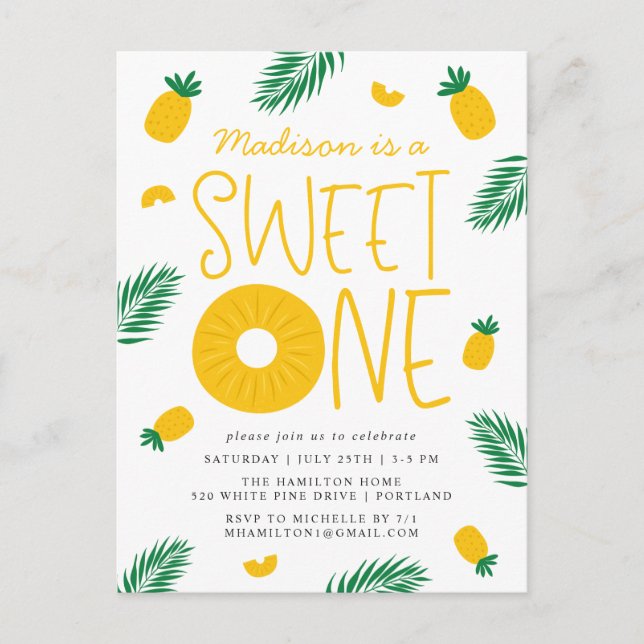 Sweet One Pineapple 1st Birthday Party Invitation Postcard (Front)