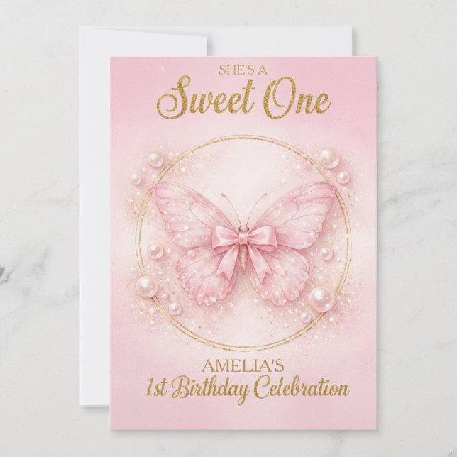 Sweet One Pink Butterfly 1st Birthday Girl Invitat Invitation (Front)