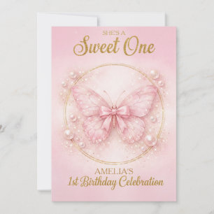 Sweet One Pink Butterfly 1st Birthday Girl Invitation