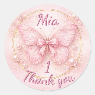 Sweet One Pink Butterfly 1st Birthday Thank You  Classic Round Sticker