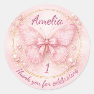 Sweet One Pink Butterfly 1st Birthday Thank You Classic Round Sticker
