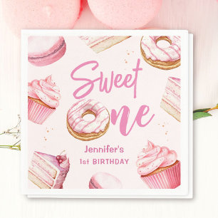 Sweet One Pink Cute Doughnuts Girl 1st Birthday Pa Napkin