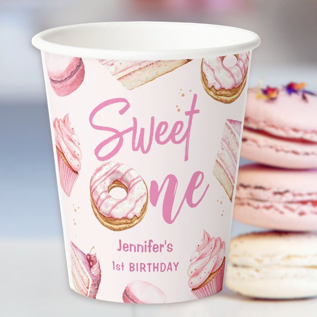Sweet One Pink Cute Doughnuts Girl 1st Birthday Pa Paper Cups (Creator Uploaded)