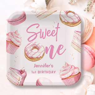 Sweet One Pink Cute Doughnuts Girl 1st Birthday Pa Paper Plate