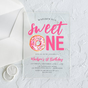 Sweet One Pink Doughnut 1st Birthday Acrylic Invitations