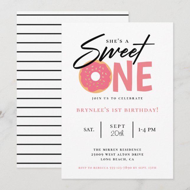 Sweet One Pink Doughnut 1st Birthday Party Invitation (Front/Back)