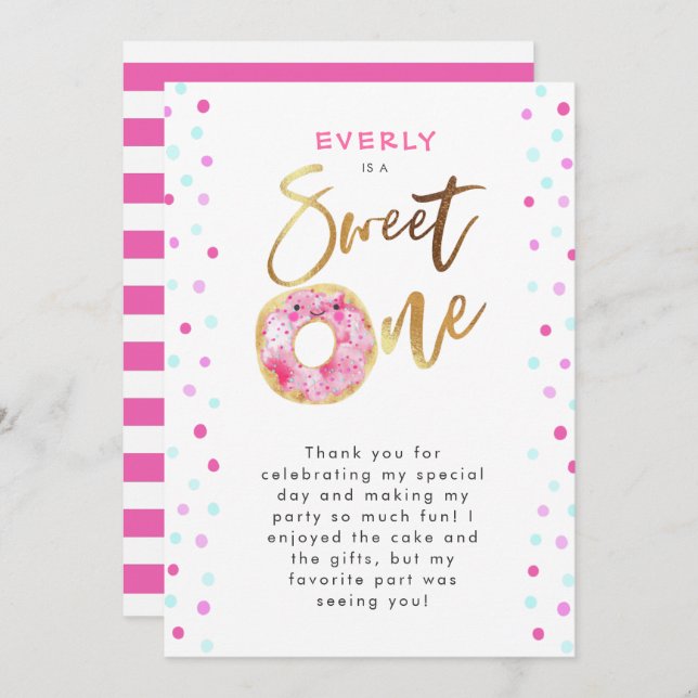 Sweet One Pink Doughnut Birthday Party Thank You Card (Front/Back)