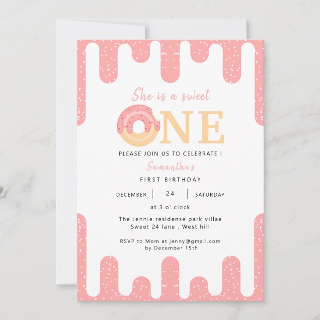 Sweet One Pink Doughnut Girl 1st Birthday  Invitation (Front)