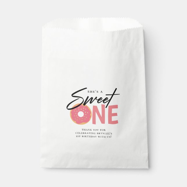 Sweet ONE Pink Doughnut Theme 1st Birthday Party Favour Bag (Front)