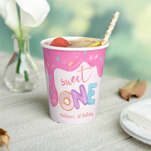 Sweet One Pink Frosting Girl's First Birthday Paper Cups (Insitu)