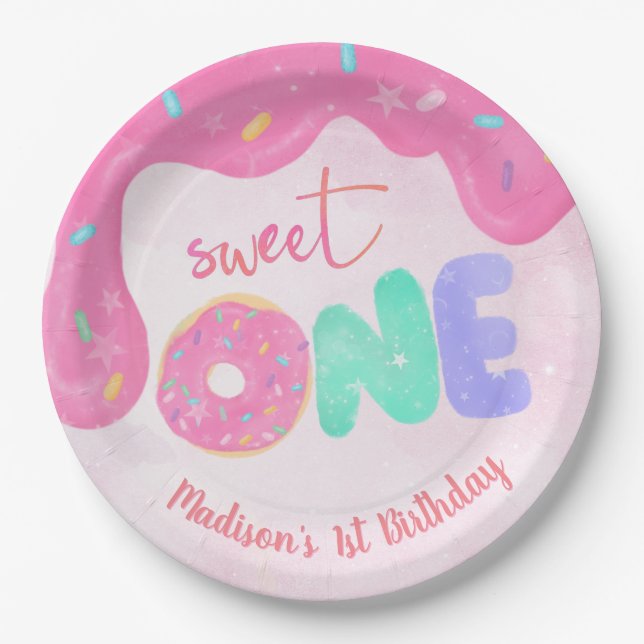 Sweet One Pink Frosting Girl's First Birthday Paper Plate (Front)