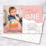 Sweet One Pink Frosting Photo Girl's 1st Birthday Invitation<br><div class="desc">This cute birthday party invitation is designed for a girl's 1st birthday party.  The modern text reads "(Name) is a Sweet ONE" accented with a pink frosted doughnut and sprinkles and offers a vertical photo for a picture of the birthday girl.</div>