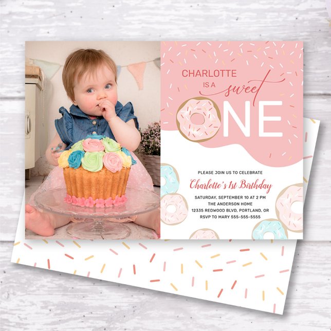 Sweet One Pink Frosting Photo Girl's 1st Birthday Invitation (Creator Uploaded)