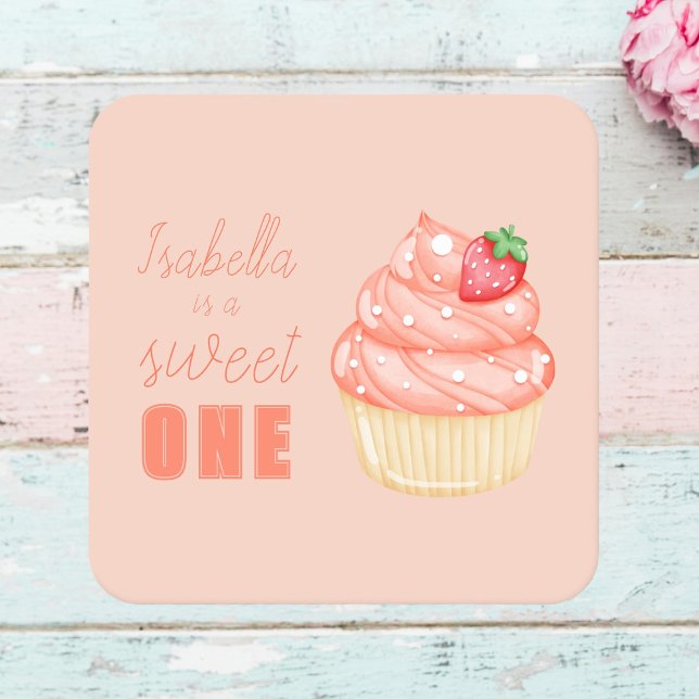 Sweet ONE, pink girls first birthday party  Square Paper Coaster (Creator Uploaded)