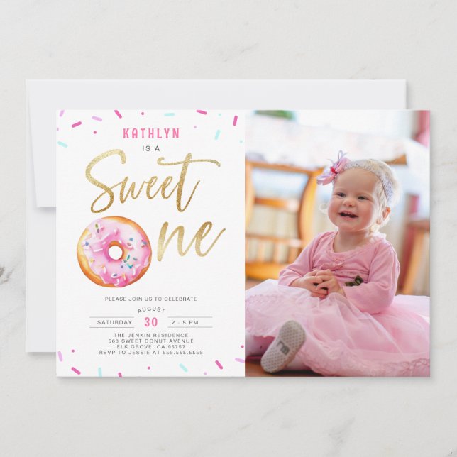 Sweet One Pink Gold Doughnut Girl 1st Birthday Pho Invitation (Front)