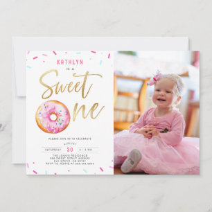 Sweet One Pink Gold Doughnut Girl 1st Birthday Pho Invitation