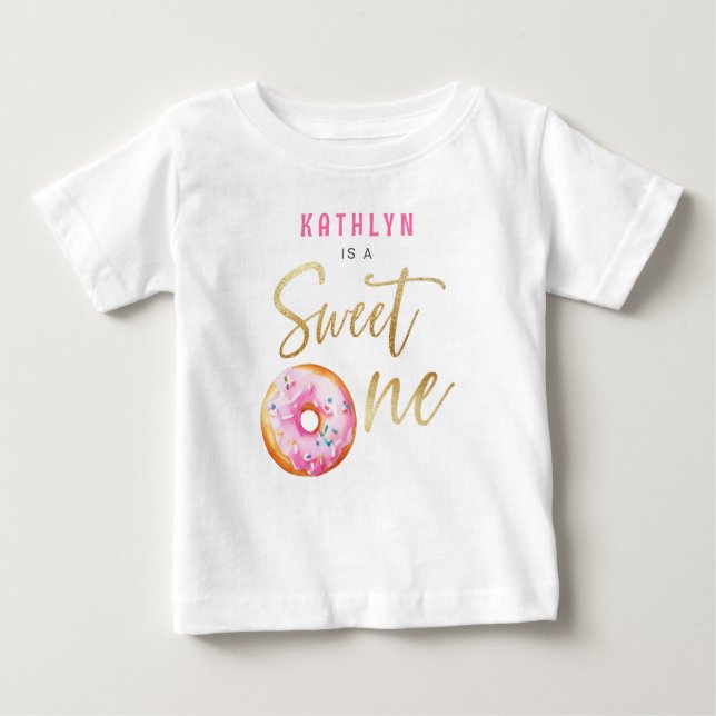 Sweet One Pink Gold Doughnut Girl First Birthday Baby T-Shirt (Front)