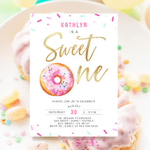 Sweet One Pink Gold Doughnut Sprinkles First Birth Invitation