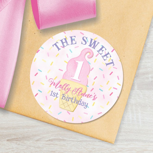 Sweet ONE Pink Ice Cream Cone 1st Birthday Girl Classic Round Sticker (Creator Uploaded)